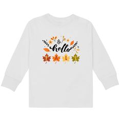 a white t - shirt with the words hello written in autumn leaves and an orange, yellow