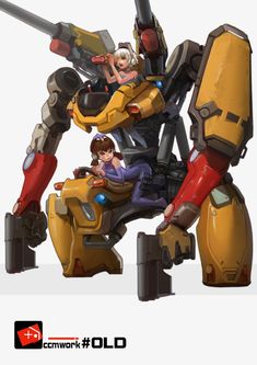 an animated image of a giant robot with two people riding on it's back