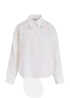 DESCRIPTION: Made from a breezy and comfortable cotton poplin, this button-down shirt is decorated with intricate bead and sequin-embellished embroideries on the shoulders. The relaxed silhouette is complemented by a pointed collar and bloused sleeves gathered at the classic cuffs. 100% cotton Lightweight, non-stretchy fabric Designed for a relaxed fit Button fastening Dropped shoulders Sequin and bead embroideries White Fabric: 100% cottonsequins: 100% acrylicbeads: 100% glass Washing Instructi Paige Denim Jeans, Embellished Shirt, Sequin Beading, Jacket Sale, Cotton Style, Beaded Embroidery, Cotton Poplin, Dress Accessories, Outerwear Jackets