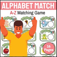 the alphabet match game with an image of a man holding his hands up in front of him