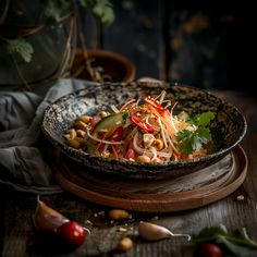 a bowl filled with vegetables and nuts on top of a wooden table next to other food items