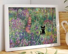 a painting of a black cat in a field of flowers