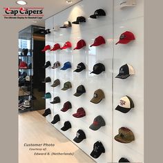 Swag Hats Rack, Flat Brim Hat Display, Baseball Hat Collection Display, Ball Cap Wall Display, Ways To Display Baseball Hats, Baseball Cap Wall Display, Hat Wall Display Men, Baseball Cap Display Ideas Wall, Baseball Hat Wall Display