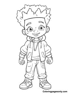 a cartoon character with an afro haircut on his head and wearing a hoodie