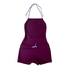 CHANEL signature one-piece swimsuit Beautiful aubergine color Lilac neckholder and waist tie with "CHANEL" logo Deep cut-out back Unworn Hygienic protection intact Made in France Size 38 Please refer to runway picture for style reference only The matching shorts is not included but can be found in a seperate listing Chanel Swimwear, Chanel Swimsuit, Aubergine Color, One Piece Logo, Swimsuit With Shorts, Chanel Logo, Drop Dead, Overall Shorts, Waist Tie