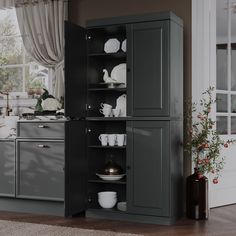 an open cabinet with dishes in it next to a potted plant and vases