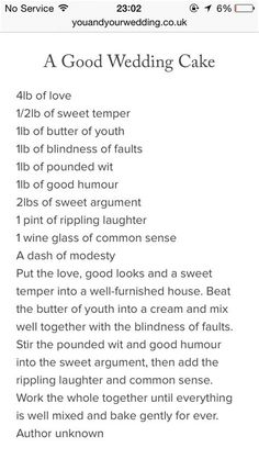 the wedding cake recipe is displayed on an iphone screen, and it appears to be in english