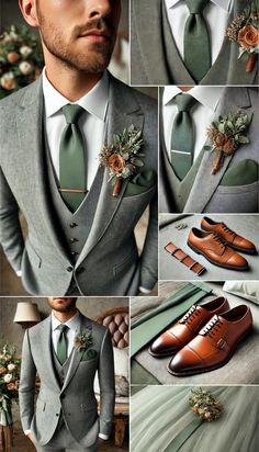 a man in a suit and tie with flowers on his lapel, shoes and boutonnieres