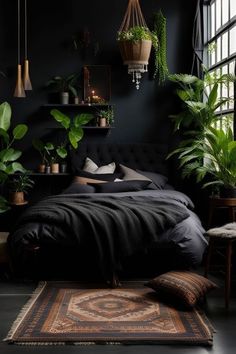 a bedroom with black walls and lots of plants