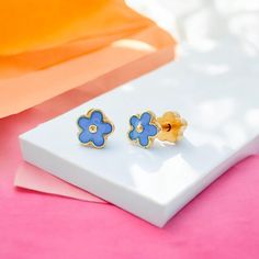 Add a fun twist to your little one's look with these Classic Gold Kids Earrings adorned with dainty blue flowers. Made with hypoallergenic stainless steel posts and 14k gold plating, these earrings are both fun and gentle on sensitive ears. They're so comfy, they can even sleep in them! A dainty addition to any kid's jewelry collection! Mother's Day Games, Gold Bracelets Stacked, Unique Studs, Small Chandelier, Tiny Studs, Kids Earrings, Tiny Stud Earrings, Childrens Room Decor, Novelty Items