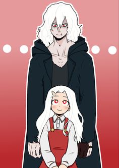 an image of two people standing next to each other, one with red eyes and the other with white hair