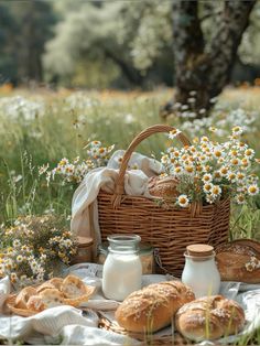 a picnic with bread, milk and flowers