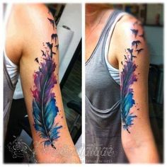 two pictures of a woman's arm with watercolor feathers on it and the same tattoo