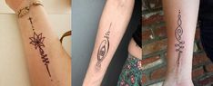 two different tattoos on both arms and legs, one has a cross and the other has a flower