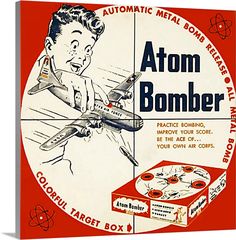 Stretched Canvas Print entitled USA Atom Bomber Packaging.  Multiple sizes available.  Primary colors within this image include Red, Brown, Light Yellow, Black.  Made in the USA.  All products come with a 365 day workmanship guarantee.  Archival-quality UV-resistant inks.  Canvas is acid-free and 20 millimeters thick.  Museum-quality, artist-grade canvas mounted on sturdy wooden stretcher bars 1.5 thick.  Comes ready to hang. Atomic Era, Old Advertisements, Retro Ads, Atomic Age, Nose Art, Old Ads, Photo Vintage, Oui Oui, Retro Toys