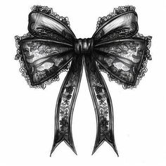 a black and white drawing of a large bow with lace on it's sides