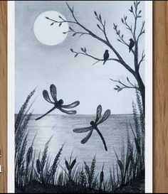 a drawing of two dragonflies flying over the water with trees and moon in the background