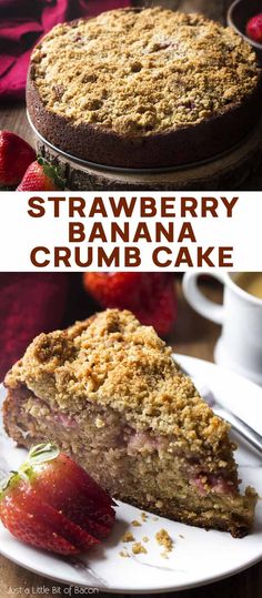 strawberry crumb cake on a white plate with strawberries