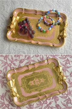 two trays with beaded bracelets on them, one in gold and the other in pink