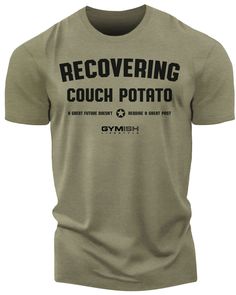 a t - shirt with the words recovering couch potato in black and white on it