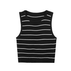 Style: Casual Fit: Slim Fabric: Jersey Pattern: Stripe Element: None Top Length: Regular Neckline: Crew Neck Product Type: Tank Top Main Composition: Cotton Season: Summer Ribbed V-neck Camisole For Summer, Cotton Sleeveless Tank Top With Contrast Stripes, Striped Knit Sleeveless Tank Top, Striped Cotton Sleeveless Tank Top, Black Horizontal Stripe Short Sleeve T-shirt, Maxi Dress Evening, Knit Shorts, Printed Sweater, Knitted Tank Top