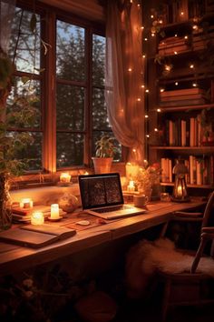 a laptop computer sitting on top of a wooden desk in front of a window filled with candles