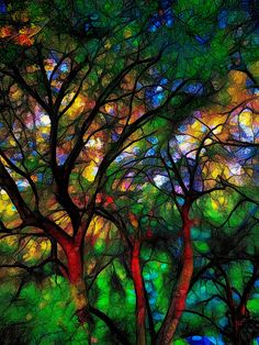 an abstract painting of trees with bright colors