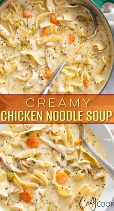 creamy chicken noodle soup with carrots and noodles