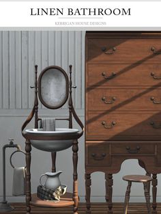 an image of a bathroom setting with furniture and accessories on the floor next to it