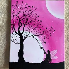 a painting of a girl reaching up to a tree with hearts on it and the moon in the background