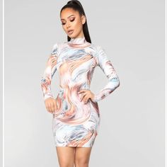 Mock Neck, Long Sleeve, Swirl Print Dress Has Stretch Ptp 17-20’ Flat Grg 1 Fitted Long Sleeve Mini Dress With Abstract Print, Orange Long Sleeve Bodycon Dress For Spring, Orange Mini Length Bodycon Dress For Spring, Trendy Orange Bodycon Dress For Spring, Ruffle Bodycon Dress, Nightclub Dress, Ruffle Bodycon, Stormy Weather, Mock Neck Long Sleeve