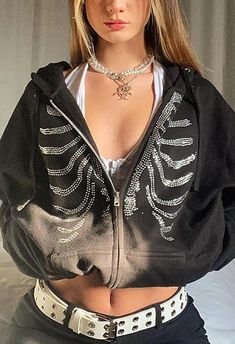 Zip Up Y2K Oversized Hoodie Rhinestone Skull Zipper Hoodie - AnotherChill Rhinestone Skeleton, Red Outerwear, Clothes 2000s, Goth Hoodie, Y2k Rhinestone, Rhinestone Skull, Skeleton Hoodie, Harajuku Sweatshirt, Gothic Clothes