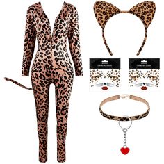 a woman wearing leopard print catsuits and cat ears with matching choker necklace