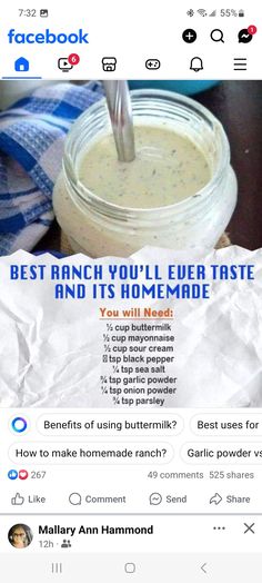 the facebook page is showing an image of a jar of food and text that reads best ranch