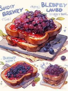 a painting of bread with grapes on top and blueberries in the middle next to it