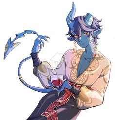 a cartoon character sitting down with a glass of wine in his hand and an animal like creature on his arm