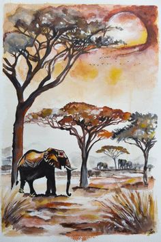 Original fine art painting by Misty Lady (United Kingdom). This one-of-a-kind ink on paper painting measures 13W x 19 H inches, and is framed. The nature painting ships in a tube directly from the artist's studio and is covered by the 14-day satisfaction guarantee from Saatchi Art, so you can buy with confidence. African Watercolor Art, Safari Painting, Africa Watercolor, Africa Drawing, Postcard Ideas, Safari Art, Contemporary Illustration, Ink Watercolor, Nature Painting