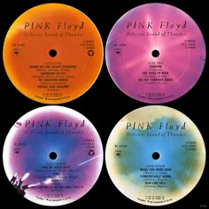 four pink floyd records are shown in three different colors and sizes, each with the same label