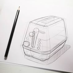 a pencil drawing of a toaster on top of a piece of paper next to a pen