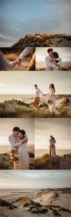 two people are hugging each other on the beach in front of an ocean and sand dunes