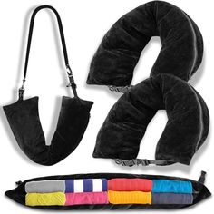 the travel neck pillow has multiple colors and is attached to it's back strap