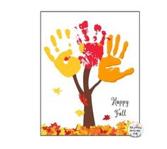 a happy fall card with two hand prints on the tree and an autumn leaf background