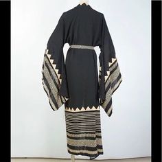 Black Bohemian Kimono For Beach Cover-up, Traditional Fitted Beach Kimono, Black Bohemian Kimono For Beach, Bohemian Black Kimono For Vacation, Bohemian Black Kimono For Beach, Black Bohemian Summer Kimono, Black Bohemian Kimono For Spring, Black Wrap Kimono For Vacation, Fitted Black Kimono For Beach