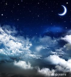 the night sky is full of stars and clouds, as well as a crescent moon