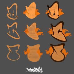 an image of some cartoon faces on a gray background with orange and black inks