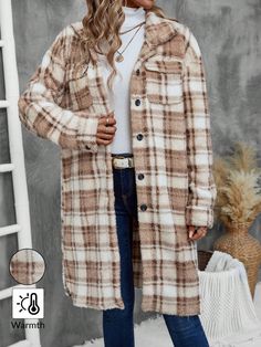 Women's Button Down Long Sleeve Plaid Loose Casual Chic Jacket Winter Women Coat Khaki Casual  Long Sleeve Knitted Fabric Plaid Teddy Slight Stretch  Women Clothing, size features are:Bust: ,Length: ,Sleeve Length: Long Outerwear, Plush Coat, Cardigan For Women, Casual Chique, Long Sleeve Outerwear, Long Sleeve Plaid, Winter Jackets Women, Winter Coats Women, Long Sleeve Knit