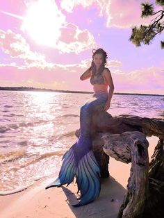 a mermaid sitting on top of a tree stump