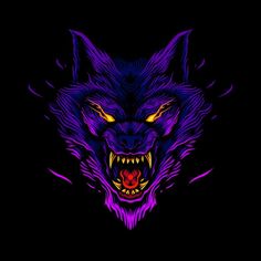 a purple wolf with yellow eyes and fangs on it's face in the dark