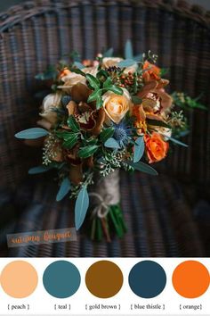 a bridal bouquet sitting on top of a wicker chair with orange and blue colors