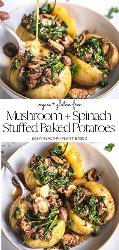 mushrooms and spinach stuffed baked potatoes in a bowl